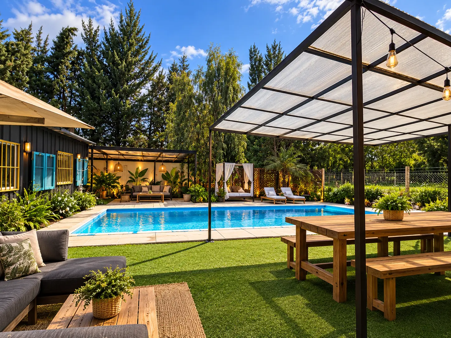 Jardín, piscina y quincho de Casa Club Chicureo